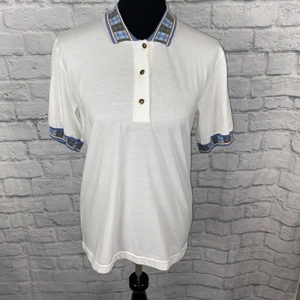 Marcia cotton blend 3 button collared top w/retro design sleeves women S